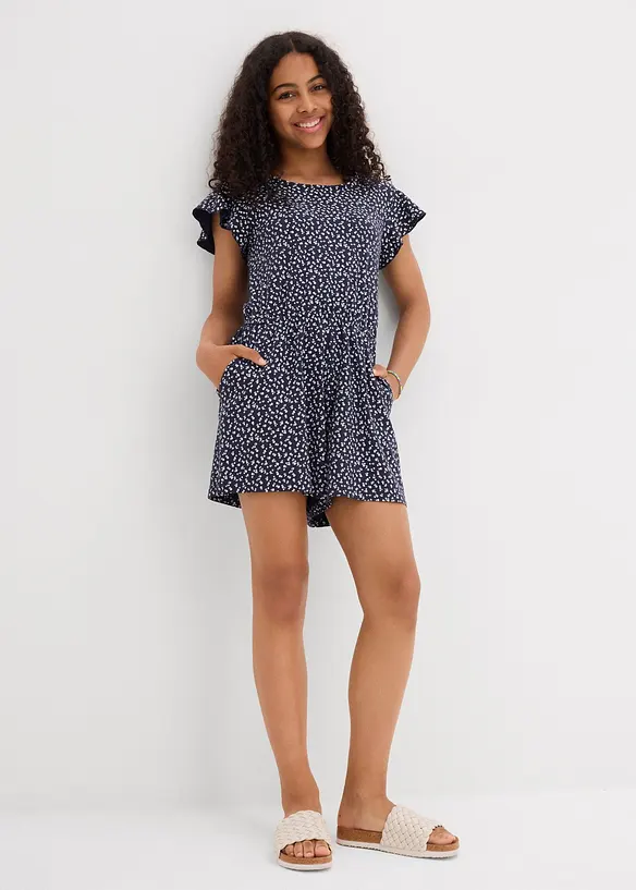 Jersey-Jumpsuit aus elastischem Bio-Baumwoll-Mix in blau von vorne (Totalaufnahme) - bonprix