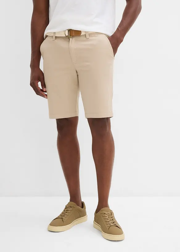 Stretch-Bermuda mit Gürtel in Regular Fit in beige von vorne - bonprix