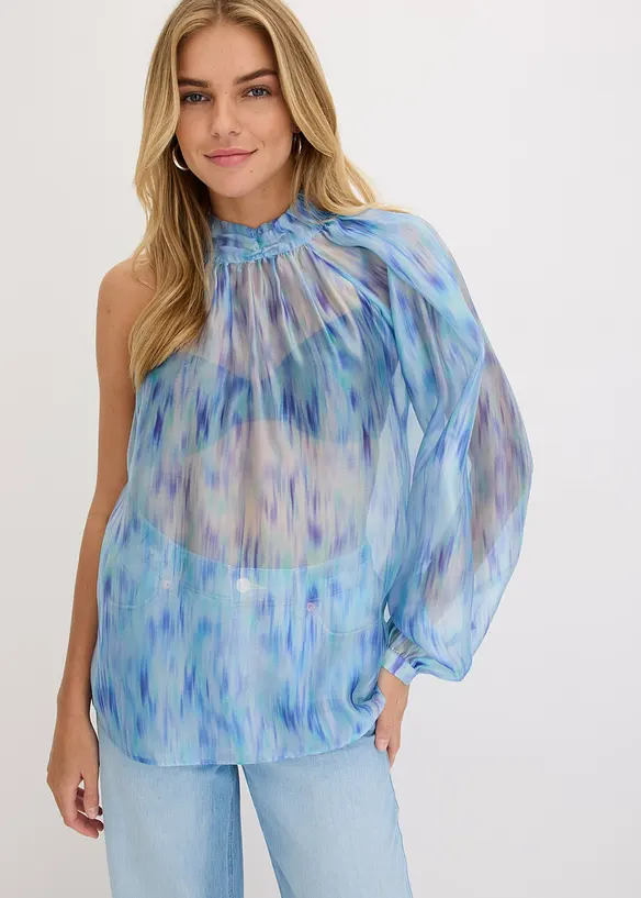 One-Shoulder Chiffonbluse mit leichter Transparenz in blau von vorne (im Anschnitt) - bonprix