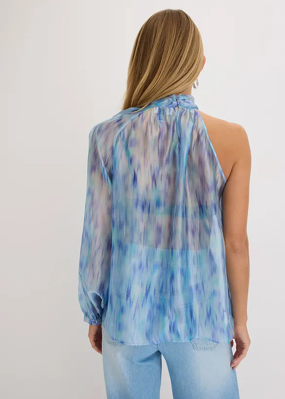 One-Shoulder Chiffonbluse mit leichter Transparenz in blau von hinten (im Anschnitt) - bonprix