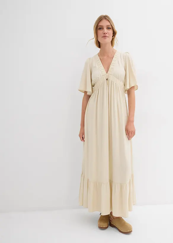 Maxikleid aus fließender Viskose in beige von vorne (Totalaufnahme) - bonprix Maxikleid aus fließender Viskose in beige von vorne (Totalaufnahme) - bonprix