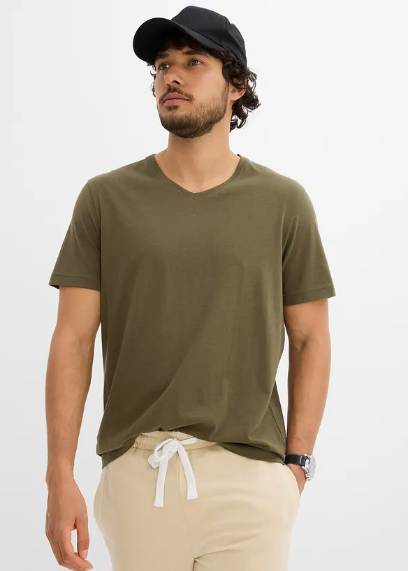 T-Shirt mit V-Ausschnitt (3er Pack) in beige von vorne (im Anschnitt) - bonprix