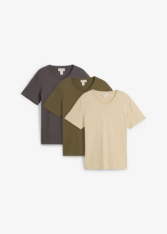 T-Shirt mit V-Ausschnitt (3er Pack) in beige von vorne - bonprix