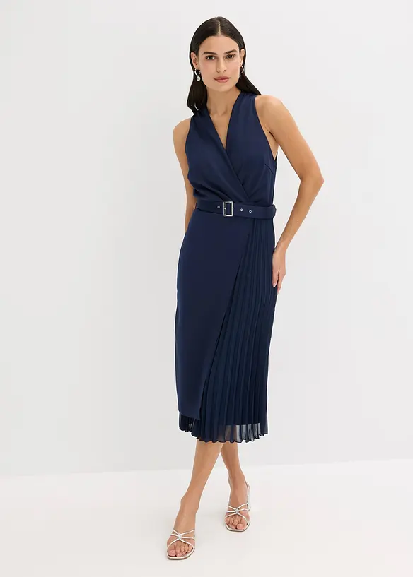 Midikleid in Wickel-Optik mit Plissee-Einsatz in blau von vorne (Totalaufnahme) - bonprix Midikleid in Wickel-Optik mit Plissee-Einsatz in blau von vorne (Totalaufnahme) - bonprix