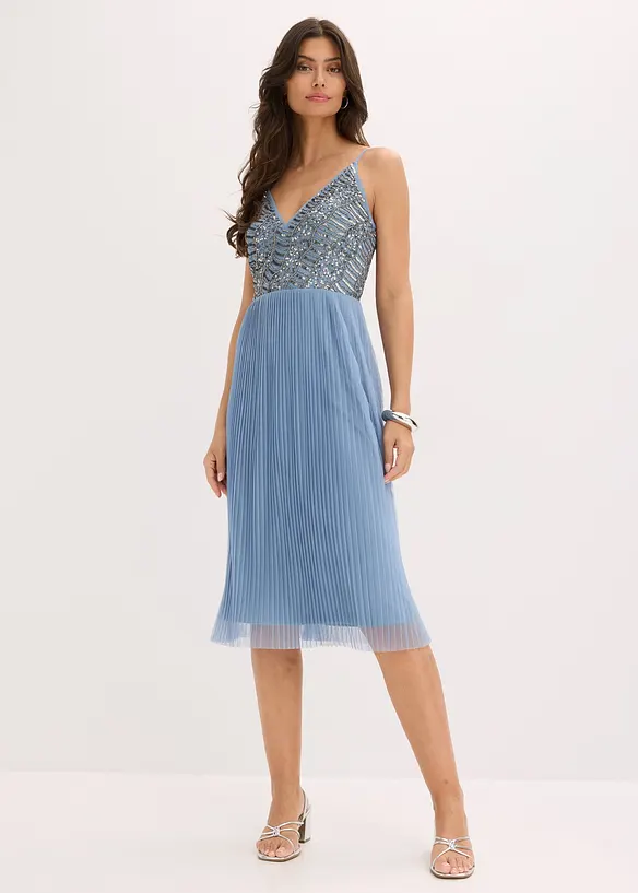 Midikleid mit Plissee-Rock und Paillettenstickerei in blau von vorne (Totalaufnahme) - bonprix Midikleid mit Plissee-Rock und Paillettenstickerei in blau von vorne (Totalaufnahme) - bonprix