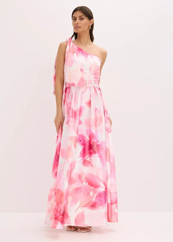 One-Shoulder-Kleid aus glänzendem Satin in weiß von vorne (Totalaufnahme) - bonprix One-Shoulder-Kleid aus glänzendem Satin in weiß von vorne (Totalaufnahme) - bonprix