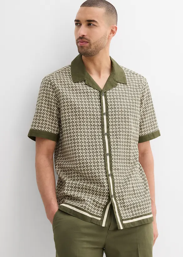 Kurzarmhemd aus Leinen-Mix in Regular Fit in beige von vorne (im Anschnitt) - bonprix