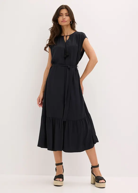 Hemdblusenkleid aus fließender Viscose in schwarz von vorne (Totalaufnahme) - bonprix Hemdblusenkleid aus fließender Viscose in schwarz von vorne (Totalaufnahme) - bonprix