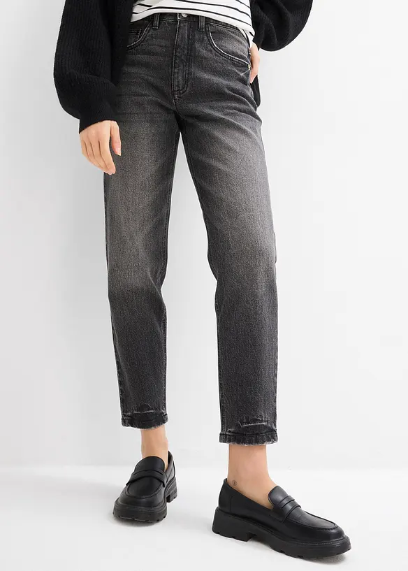 Mom Jeans High Waist, cropped in schwarz von vorne - bonprix Mom Jeans High Waist, cropped in schwarz von vorne - bonprix