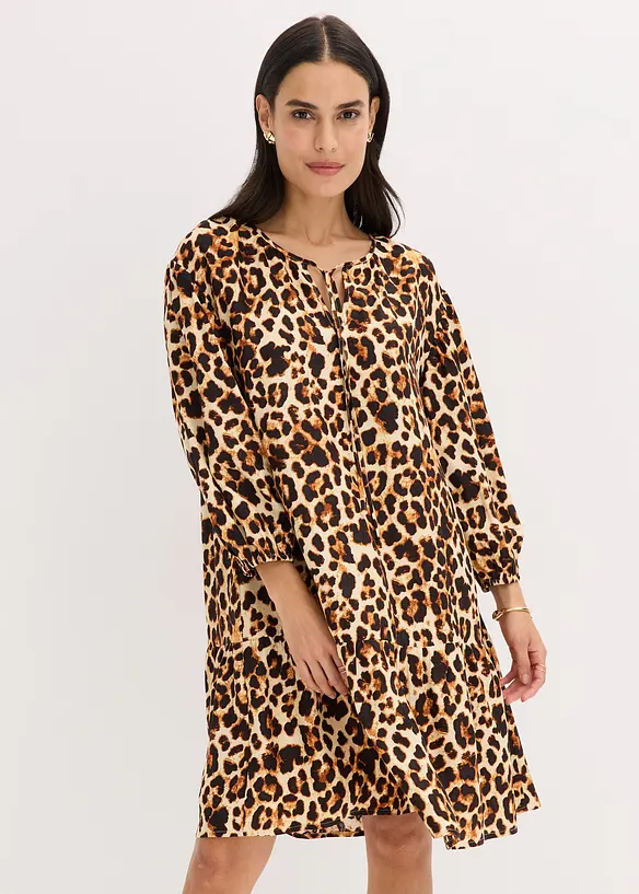 Tunika-Kleid aus strukturiertem Crêpe in beige von vorne (Totalaufnahme) - bonprix