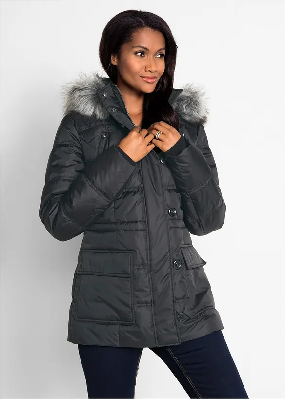 Steppjacke mit Kapuze in schwarz von vorne (im Anschnitt) - bonprix
