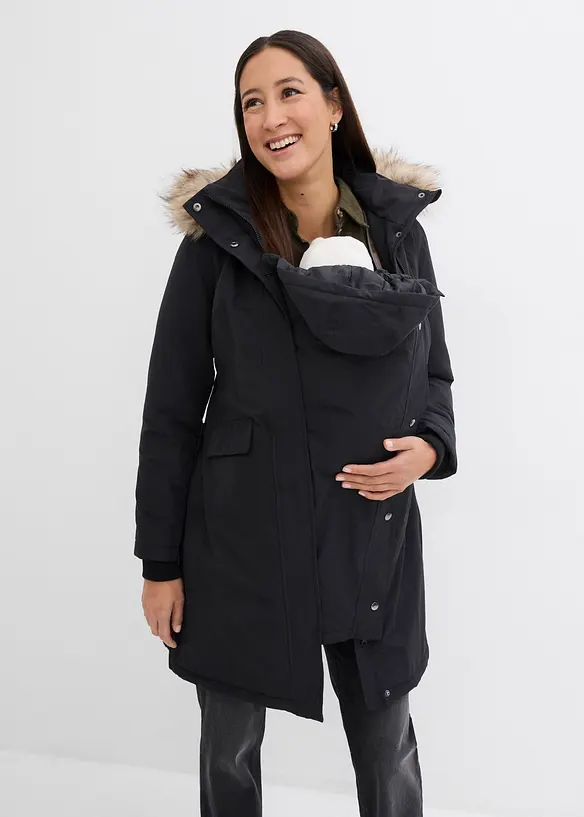 3-in-1 wind-und wasserdichter Umstandsmantel mit Trageeinsatz in schwarz von vorne (Totalaufnahme) - bonprix
