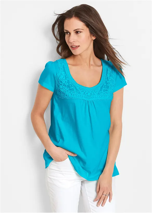 Baumwoll Shirt mit Spitze, Kurzarm in blau von vorne (im Anschnitt) - bonprix