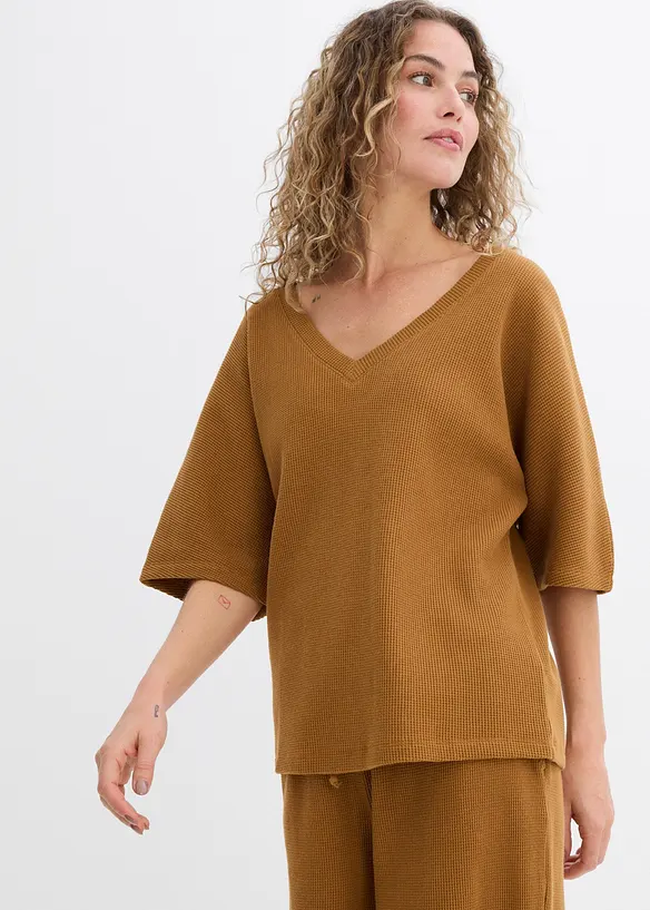 Strukturshirt aus reiner Baumwolle in braun von vorne (im Anschnitt) - bonprix