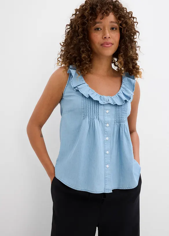 Jeans-Blusentop aus Bio-Baumwolle in blau von vorne (im Anschnitt) - bonprix