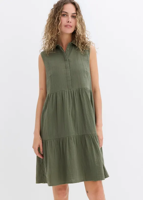 Musselin-Kleid aus reiner Baumwolle in grün von vorne (Totalaufnahme) - bonprix