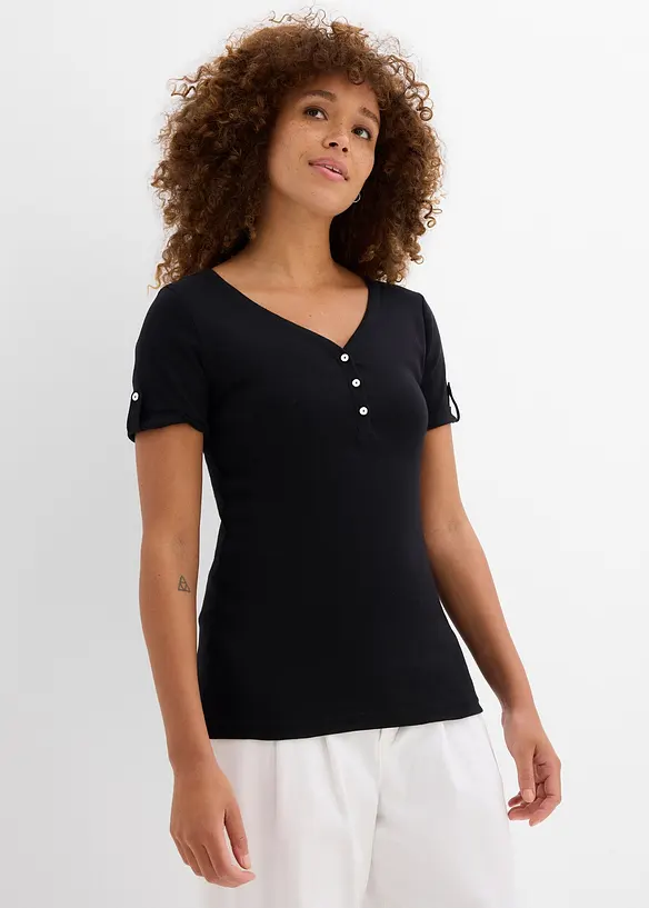 Henleyshirt aus reiner Bio-Baumwolle in schwarz von vorne (im Anschnitt) - bonprix Henleyshirt aus reiner Bio-Baumwolle in schwarz von vorne (im Anschnitt) - bonprix
