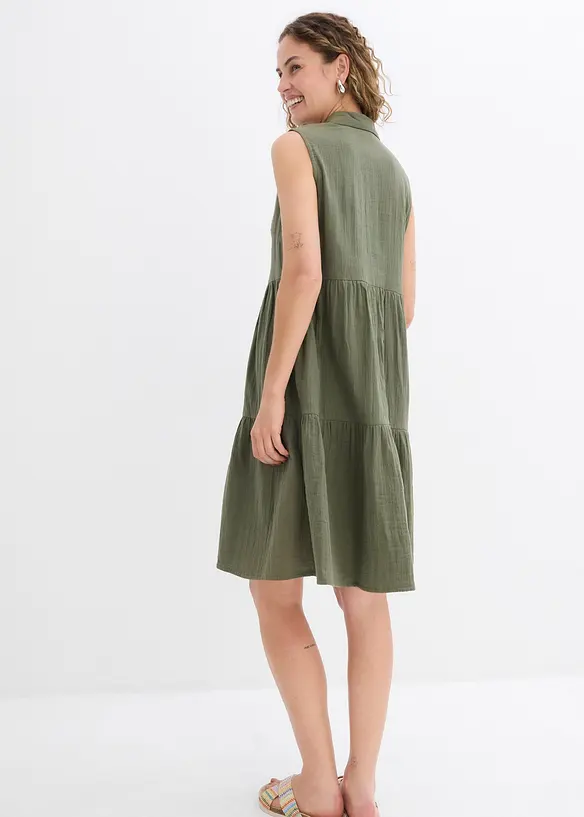 Musselin-Kleid aus reiner Baumwolle in grün von hinten (Totalaufnahme) - bonprix