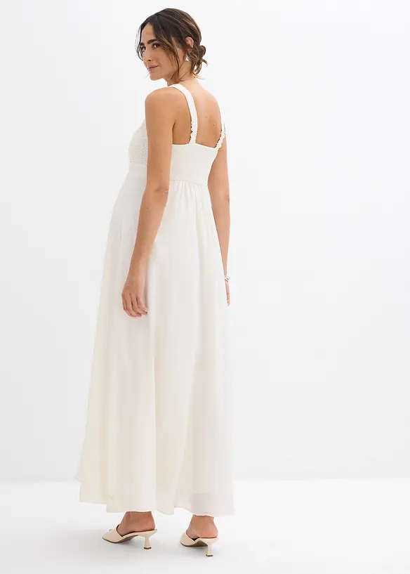 Umstands-Hochzeitskleid aus Spitze, Satin und Georgette in weiß von hinten (Totalaufnahme) - bonprix