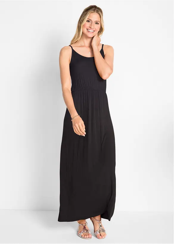 Maxikleid, tailliert aus fließendem Viskose Mix in schwarz von vorne (Totalaufnahme) - bonprix