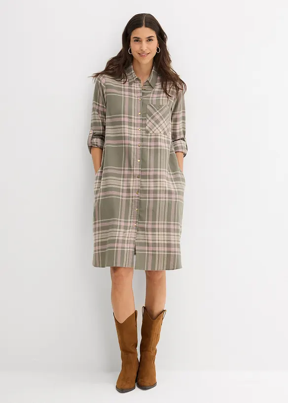 Hemdblusenkleid aus reiner Baumwolle in grün von vorne (Totalaufnahme) - bonprix