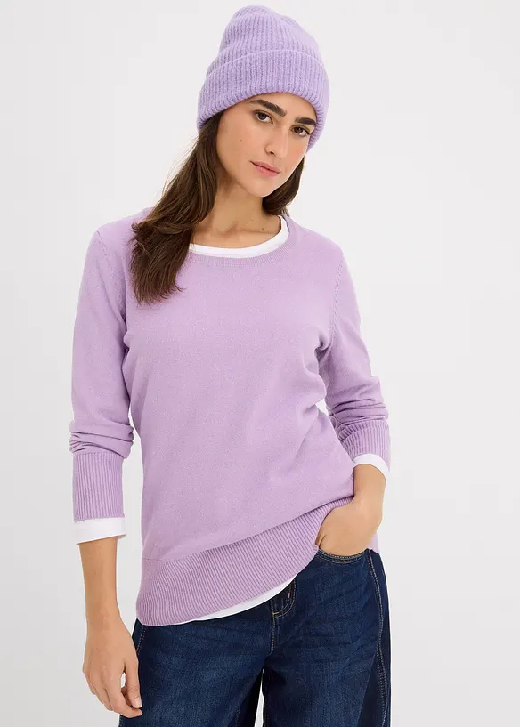 Basic Pullover mit recycelter Baumwolle in lila von vorne (im Anschnitt) - bonprix