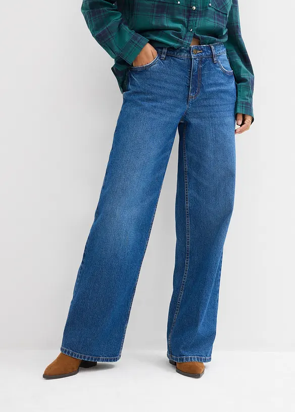 Wide-Leg-Jeans Mid Waist in blau von vorne - bonprix