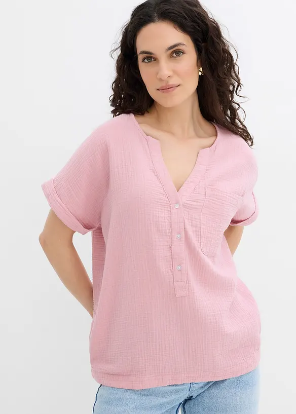 Musselin-Kurzarmbluse aus reiner Baumwolle in rosa von vorne (im Anschnitt) - bonprix
