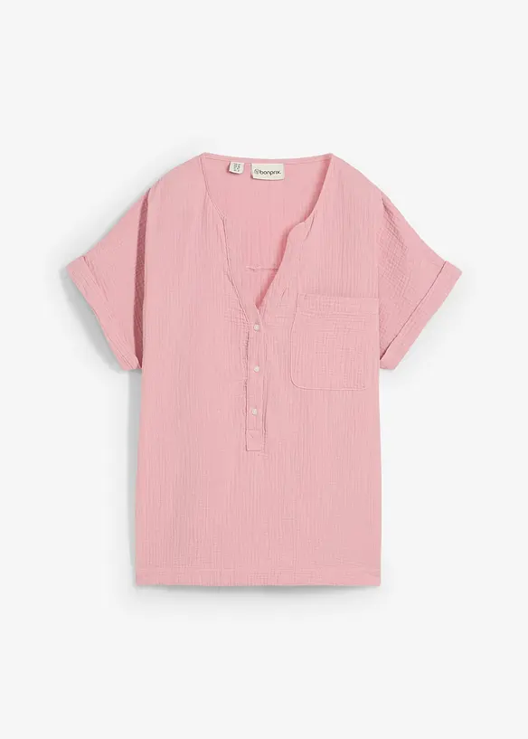 Musselin-Kurzarmbluse aus reiner Baumwolle in rosa von vorne - bonprix