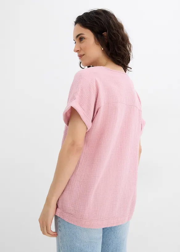 Musselin-Kurzarmbluse aus reiner Baumwolle in rosa von hinten (im Anschnitt) - bonprix
