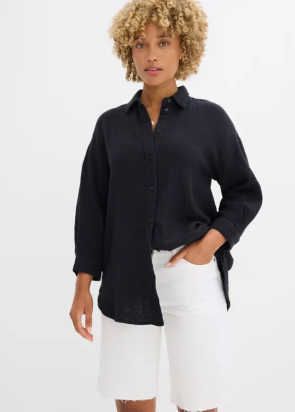 Musselin-Hemdbluse aus reiner Baumwolle in schwarz von vorne (im Anschnitt) - bonprix