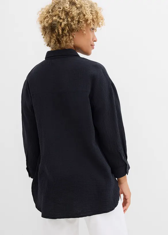 Musselin-Hemdbluse aus reiner Baumwolle in schwarz von hinten (im Anschnitt) - bonprix