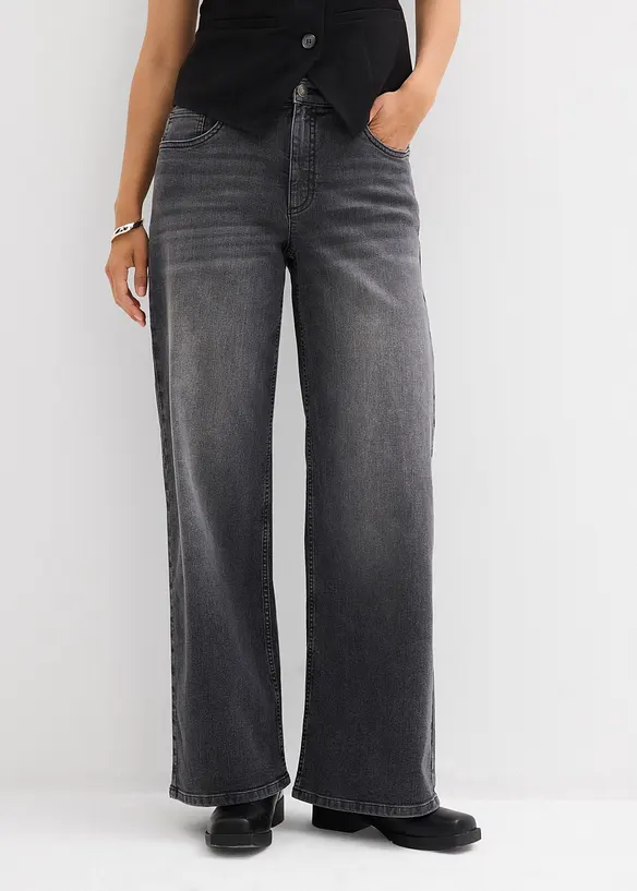 Wide-Leg-Jeans, High Waist in schwarz von vorne - bonprix