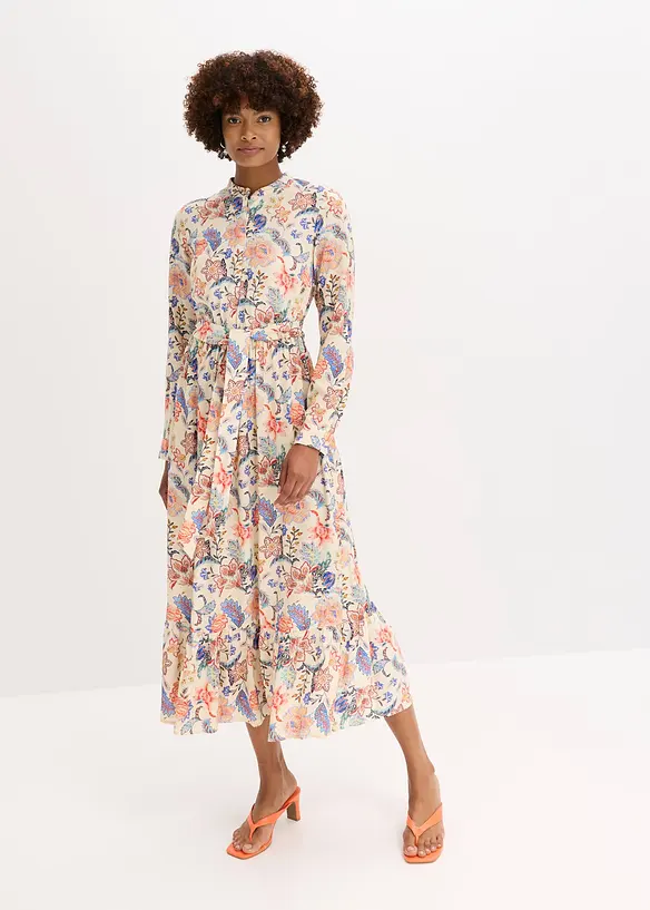 Maxikleid aus fließender Viskose in beige von vorne (Totalaufnahme) - bonprix Maxikleid aus fließender Viskose in beige von vorne (Totalaufnahme) - bonprix