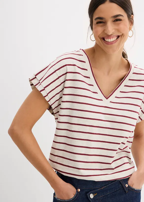 Shirt aus Baumwoll-Mix mit Volantärmeln in beige von vorne (im Anschnitt) - bonprix