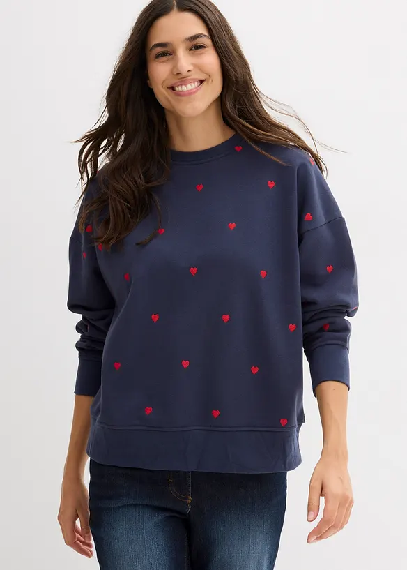 Oversize-Sweatshirt mit Stickerei aus Baumwoll-Mix in blau von vorne (im Anschnitt) - bonprix