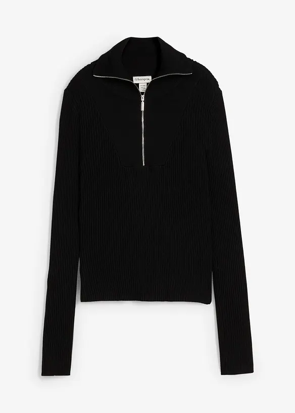 Rippshirt aus softem Viskose-Mix in schwarz von vorne - bonprix
