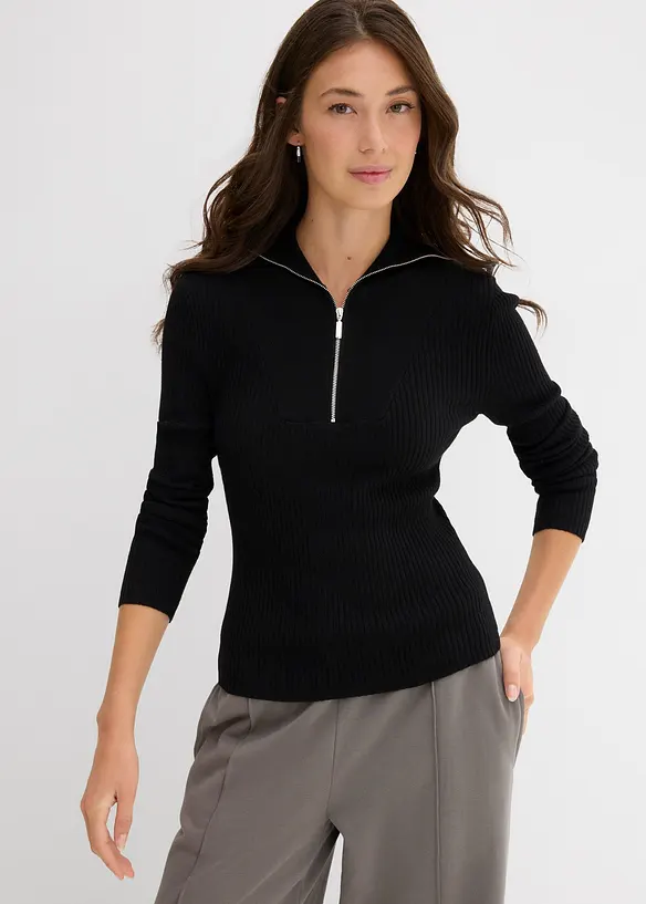 Rippshirt aus softem Viskose-Mix in schwarz von vorne (im Anschnitt) - bonprix