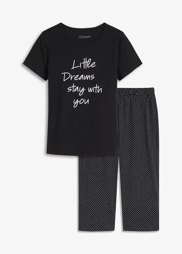Capri Pyjama aus reiner Bio-Baumwolle in schwarz von vorne - bonprix