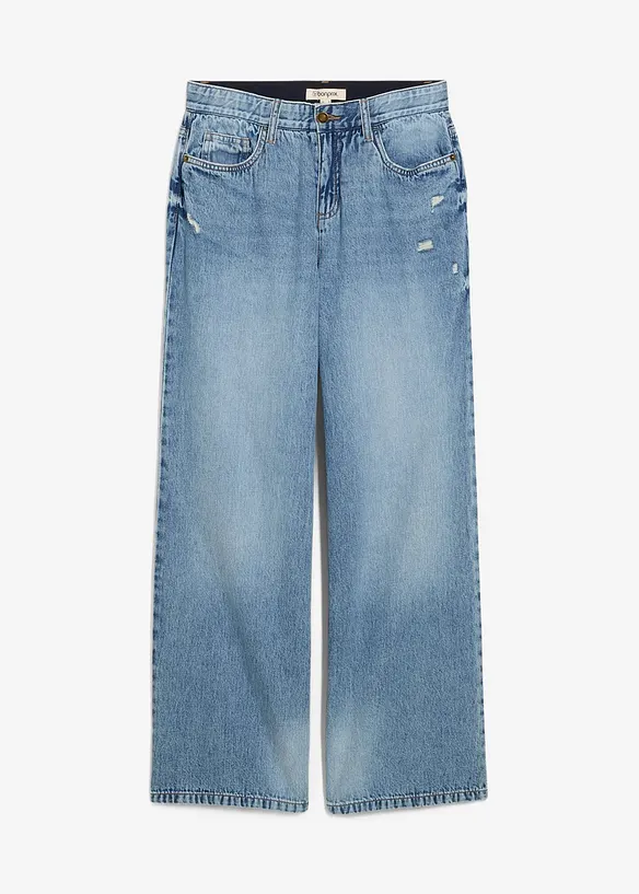 Wide-Leg-Jeans Mid Waist, Low Stretch in blau von vorne - bonprix