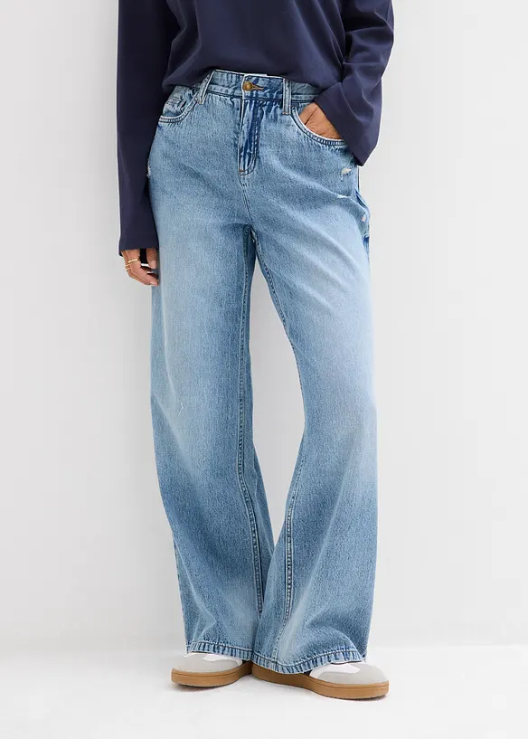 Wide-Leg-Jeans Mid Waist, Low Stretch in blau von vorne - bonprix