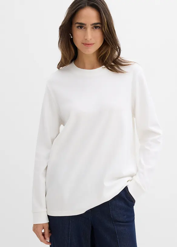 Langarmshirt aus reiner schwerer Bio-Baumwolle in weiß von vorne (im Anschnitt) - bonprix