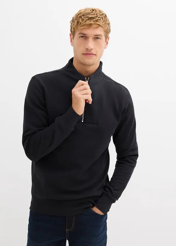 Sweatshirt mit Troyerkragen aus reiner Bio-Baumwolle in schwarz von vorne (im Anschnitt) - bonprix