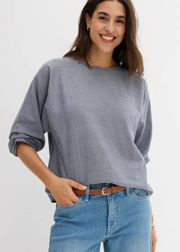Blusenshirt aus reiner Baumwolle in blau von vorne (im Anschnitt) - bonprix
