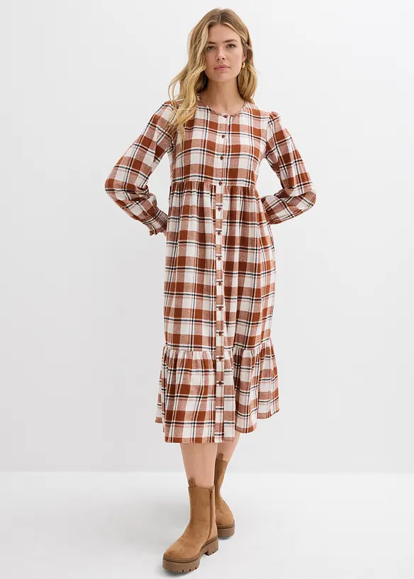 Flanell-Midikleid aus reiner Baumwolle in braun von vorne (Totalaufnahme) - bonprix Flanell-Midikleid aus reiner Baumwolle in braun von vorne (Totalaufnahme) - bonprix