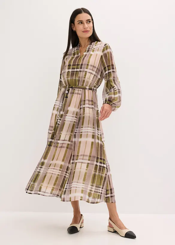 Chiffonkleid mit Bindeband in beige von vorne (Totalaufnahme) - bonprix Chiffonkleid mit Bindeband in beige von vorne (Totalaufnahme) - bonprix