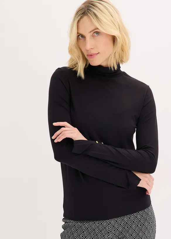 Rollkragenshirt mit dekorativen Knöpfen in schwarz von vorne (im Anschnitt) - bonprix
