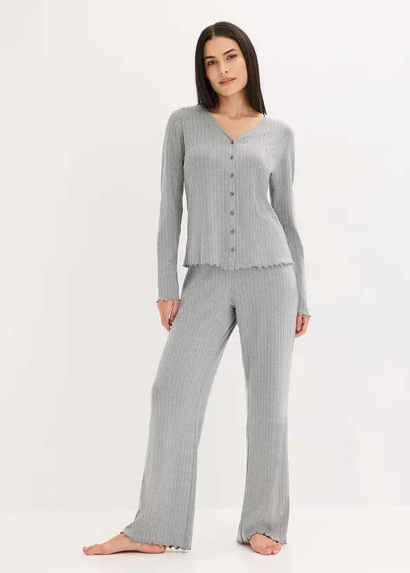 Loungewear Hausanzug aus weichem Pointelle-Jersey in grau von vorne (Totalaufnahme) - bonprix