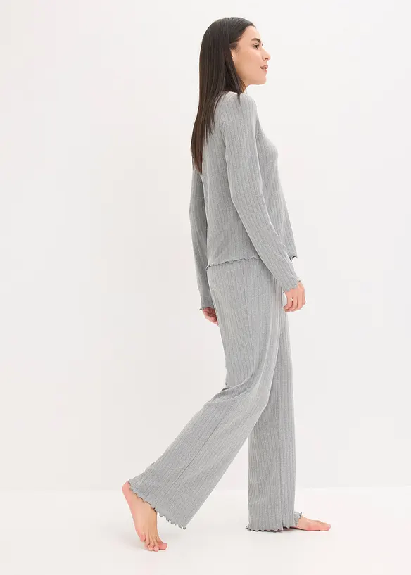 Loungewear Hausanzug aus weichem Pointelle-Jersey in grau im Look von vorne (Totalaufnahme) - bonprix