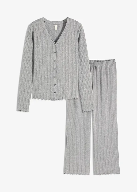 Loungewear Hausanzug aus weichem Pointelle-Jersey in grau von vorne - bonprix